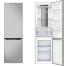 Réfrigérateur combiné Amica avec deux portes, fermé et ouvert, avec clayettes en verre et tiroirs de congélateur.