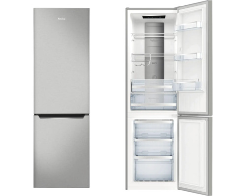 Réfrigérateur combiné Amica avec deux portes, fermé et ouvert, avec clayettes en verre et tiroirs de congélateur.