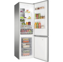 Réfrigérateur combiné ouvert rempli d aliments, avec diverses étagères et tiroirs pour les fruits et légumes.