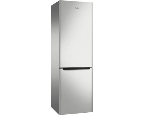 Réfrigérateur combiné Amica en pose libre aspect inox avec deux portes et poignées intégrées.