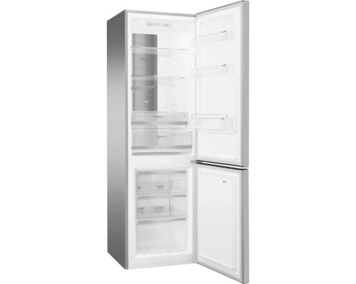 Réfrigérateur-congélateur ouvert aspect acier inoxydable avec clayettes en verre, porte-bouteilles, deux tiroirs fraîcheur et trois tiroirs.