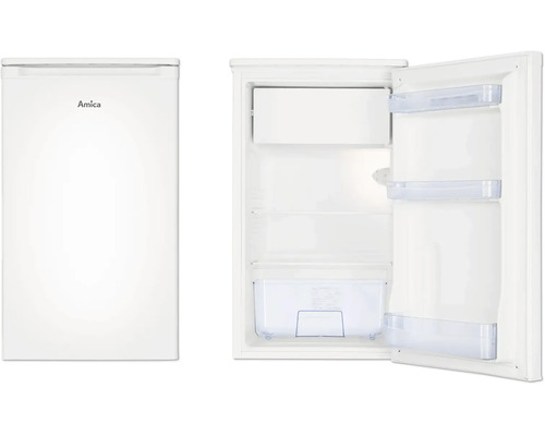 Réfrigérateur compact blanc Amica, présenté fermé et ouvert, avec compartiment congélateur interne, clayettes et bac à légumes.
