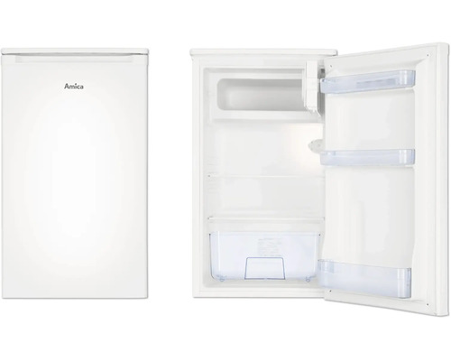 Réfrigérateur blanc Amica, modèle compact, vue fermée et ouverte avec compartiments intérieurs, clayettes et bac à légumes.