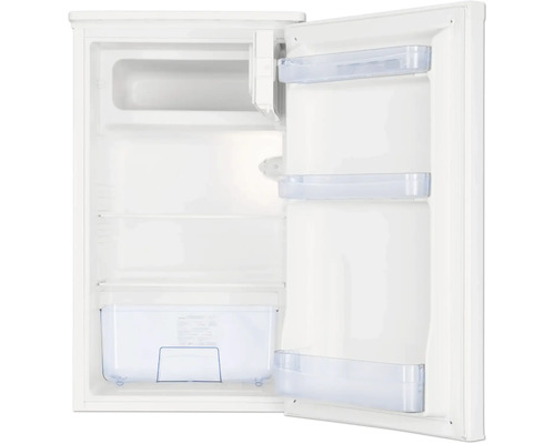 Vue intérieure d'un réfrigérateur avec compartiment congélateur, clayettes en verre, bac à légumes et balconnets de porte.