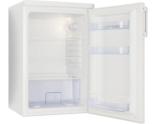 Petit réfrigérateur blanc avec porte ouverte, intérieur avec clayettes en verre, un bac à légumes et des balconnets de porte.