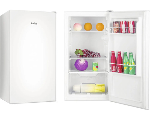 Réfrigérateur blanc pose libre avec Amica Logo, fermé et ouvert avec des aliments et des boissons.