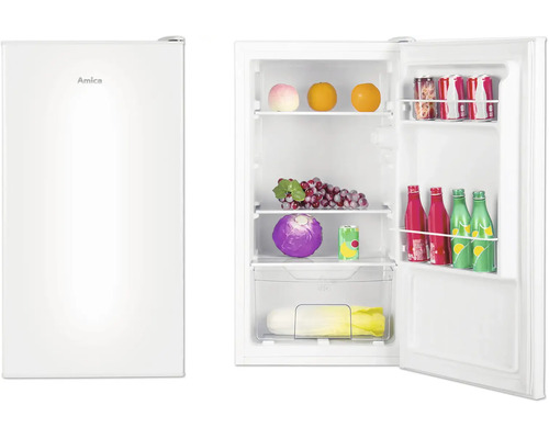 Réfrigérateur compact Amica posable, vue fermée et ouverte remplie de fruits, légumes et boissons.