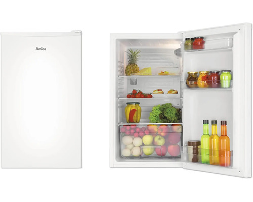 Réfrigérateur Amica blanc, pose libre, vue fermée avec Amica Logo et vue ouverte remplie de denrées alimentaires.