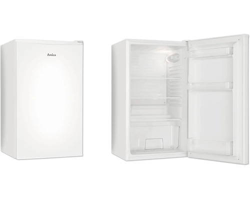 Réfrigérateur compact Amica en vue fermée et ouverte avec étagères et balconnets de porte.