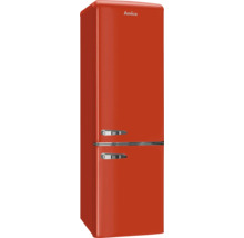 Réfrigérateur-congélateur Amica rouge au design rétro avec deux portes et poignées chromées.
