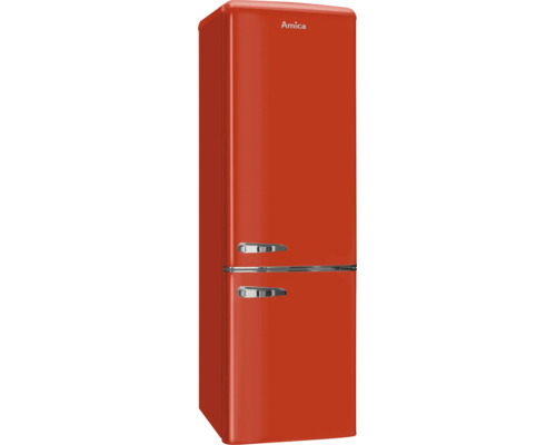 Réfrigérateur-congélateur Amica rouge au design rétro avec deux portes et poignées chromées.