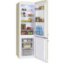 Réfrigérateur-congélateur rétro lumineux avec portes ouvertes, bien organisé avec des aliments dans les clayettes et les tiroirs.