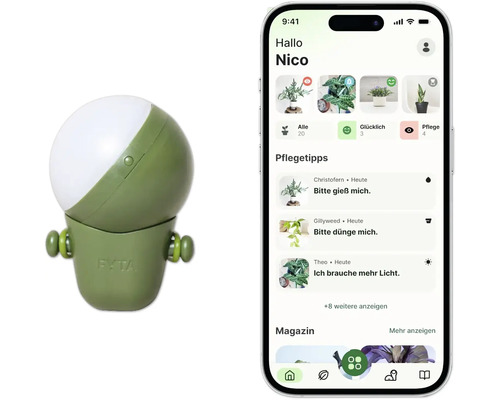 FYTA Pflanzensensor in Olivgrün mit FYTA Logo neben einem Smartphone mit der FYTA App für Pflanzenpflege und Pflegetipps.