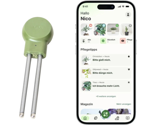 Capteur de plantes FYTA Beam avec smartphone et application pour le suivi des plantes et conseils d'entretien.