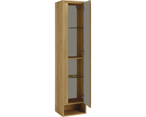 Hochschrank in Eichenoptik mit grauer Front, geöffneter Tür, Glasböden und Holzeinlegeböden.