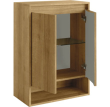 Badezimmer-Hängeschrank in Eichenoptik mit zwei Türen, einem Glaseinlegeboden und einem offenen Fach.