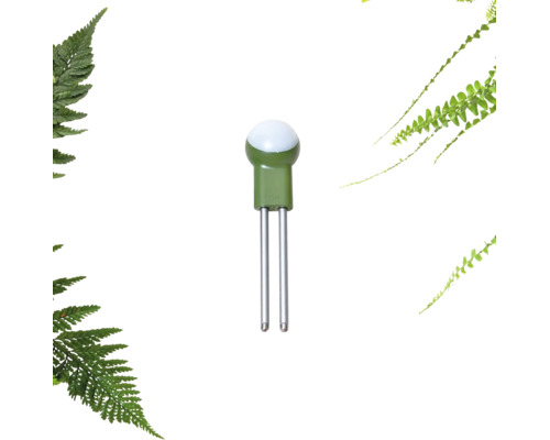Grüner Bodenfeuchtesensor für Pflanzen mit zwei Metallsonden und runder weißer LED-Anzeige.