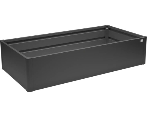 Jardinière surélevée rectangulaire en métal de couleur anthracite.