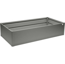 Potager surélevé rectangulaire en métal gris.