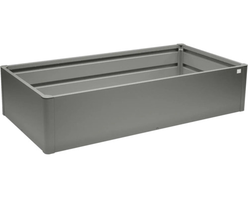 Potager surélevé rectangulaire en métal gris.