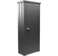 Armoire de jardin Biohort en métal anthracite avec une porte et une poignée argentée. Biohort Logo.