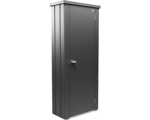 Armoire de jardin Biohort en métal anthracite avec une porte et une poignée argentée. Biohort Logo.