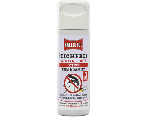 Lotion anti-moustiques Ballistol Stichfrei pour enfants et familles dès deux mois, protection jusqu'à huit heures, fabriquée en Allemagne.