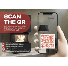 Hand hält ein Smartphone beim Scannen eines QR-Codes zur Visualisierung eines Thermia Kamins mittels Augmented Reality. Thermia Logo.