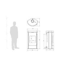 Technische Zeichnung eines Kaminofens mit Maßangaben in Millimetern und einer Silhouette zum Größenvergleich.