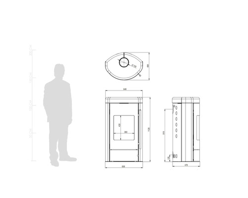 Technische Zeichnung eines Kaminofens mit Maßangaben in Millimetern und einer Silhouette zum Größenvergleich.