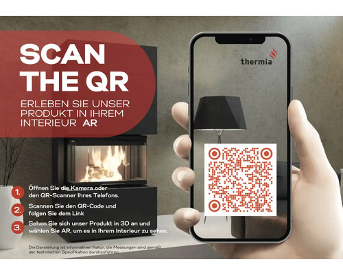 Smartphone mit Thermia Logo zeigt QR-Code für Augmented Reality Ansicht eines Kaminofens. Im Hintergrund steht ein schwarzer Kamin mit Feuer.