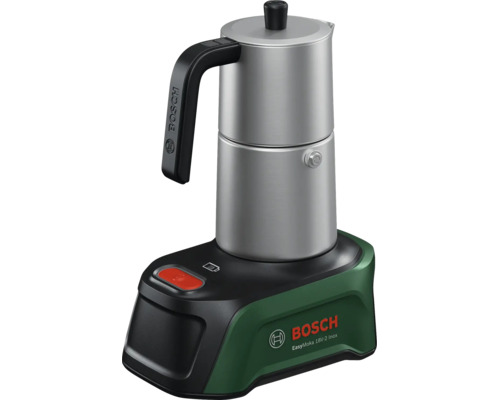 Bosch Akkumulator-Espressokocher EasyMoka 18 Volt-2 Inox aus Edelstahl mit Basisstation und Griff.