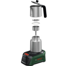 Kabelloser Espressokocher Bosch EasyMoka 18 Volt-2 Inox, Bosch Logo, Kanne, Filter, Sieb, Wasserbehälter und Basis in Explosionsdarstellung.