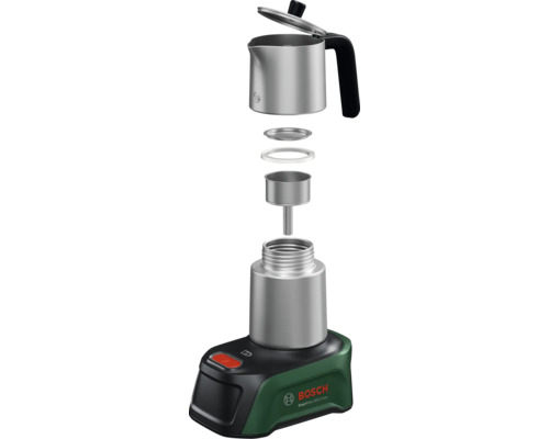 Kabelloser Espressokocher Bosch EasyMoka 18 Volt-2 Inox, Bosch Logo, Kanne, Filter, Sieb, Wasserbehälter und Basis in Explosionsdarstellung.