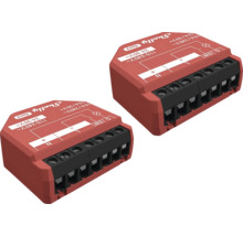 Deux modules de relais intelligents Shelly Generation 3 rouges en plastique pour montage encastré avec schéma de câblage et bornes.