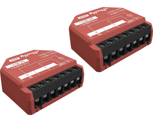 Deux modules de relais intelligents Shelly Generation 3 rouges en plastique pour montage encastré avec schéma de câblage et bornes.