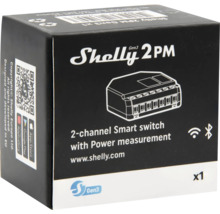 Emballage Shelly 2PM Gen3, interrupteur intelligent à deux canaux avec mesure de puissance, Wi-Fi et Bluetooth.
