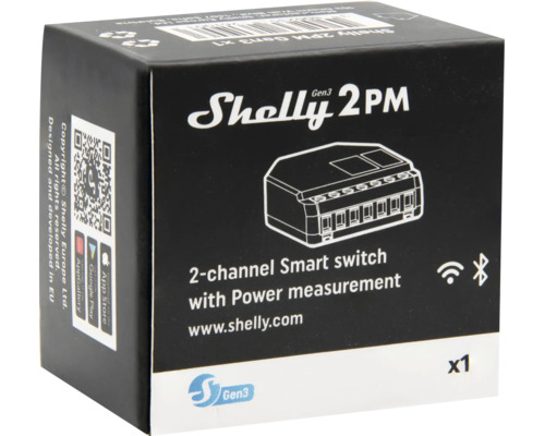 Emballage Shelly 2PM Gen3, interrupteur intelligent à deux canaux avec mesure de puissance, Wi-Fi et Bluetooth.