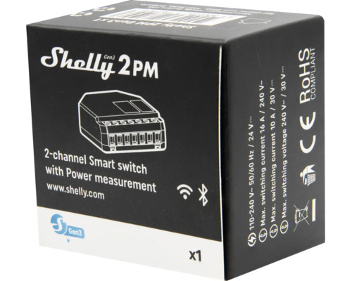 Emballage Shelly Gen3 2PM interrupteur intelligent 2 canaux avec mesure de puissance, Wi-Fi et Bluetooth.