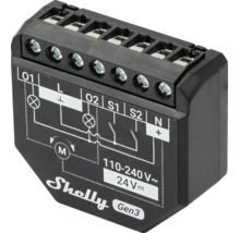 Module de relais intelligent Shelly Gen3 noir avec bornes de raccordement, schéma de câblage et plage de tension de 110 à 240 Volts.