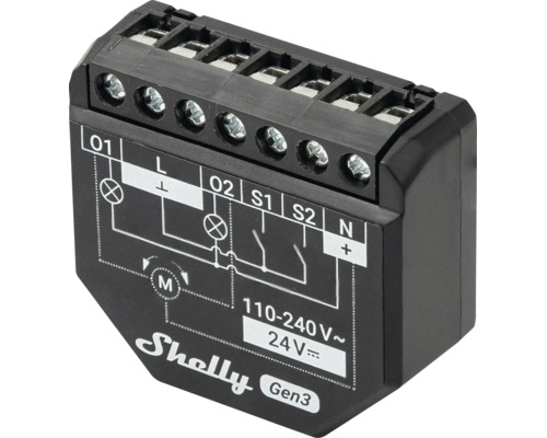 Module de relais intelligent Shelly Gen3 noir avec bornes de raccordement, schéma de câblage et plage de tension de 110 à 240 Volts.