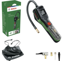 Pompe à air sans fil Bosch PNEO 4 Volts avec écran numérique, tuyau, adaptateurs de valve et sac de rangement à côté de l'emballage.