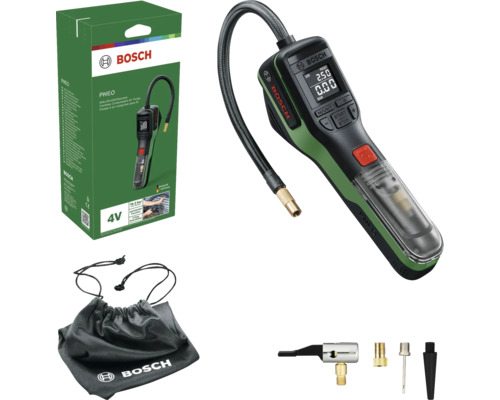 Pompe à air sans fil Bosch PNEO 4 Volts avec écran numérique, tuyau, adaptateurs de valve et sac de rangement à côté de l'emballage.
