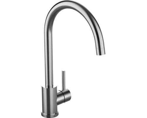 Einhebel-Küchenarmatur aus Edelstahl mit hohem, gebogenem Auslauf und seitlichem Hebel.