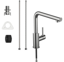 Mitigeur de cuisine avec douchette extractible, deux flexibles de raccordement, kit de montage, plaque de stabilisation et poids.