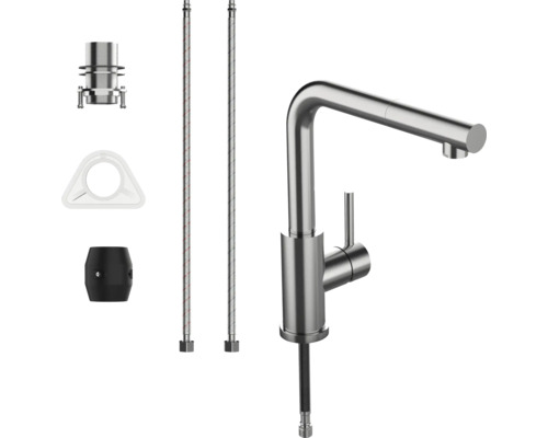 Mitigeur de cuisine avec douchette extractible, deux flexibles de raccordement, kit de montage, plaque de stabilisation et poids.