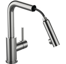Mitigeur de cuisine en acier inoxydable avec douchette extractible.