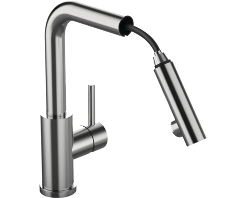 Mitigeur de cuisine en acier inoxydable avec douchette extractible.