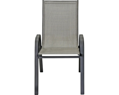 Chaise de jardin empilable avec structure en métal et revêtement en textilène pour l'extérieur.
