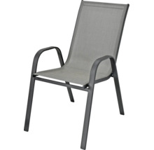 Chaise de jardin empilable avec accoudoirs, structure en métal et revêtement en textilène.